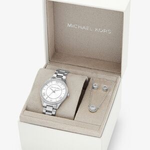 NEW! MICHAEL KORS Mini Lauryn Silver Watch and Jewelry Set- Necklace Earrings.